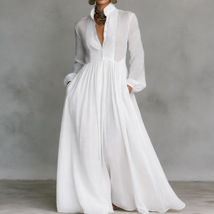 Vestido Blanco de Algodón y Lino con Cuello Alto