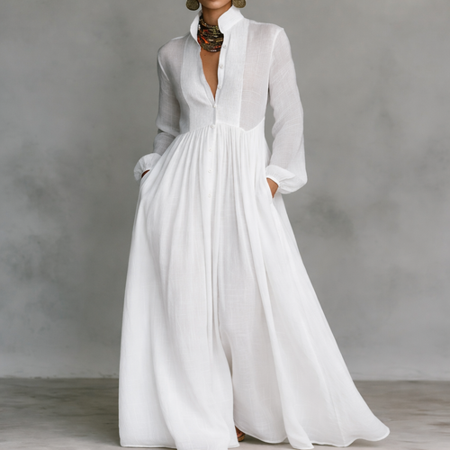 Vestido Blanco de Algodón y Lino con Cuello Alto