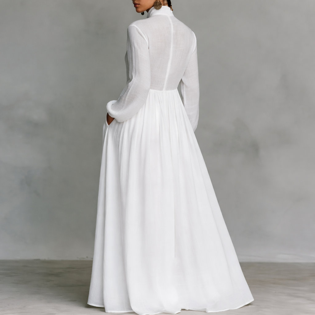 Vestido Blanco de Algodón y Lino con Cuello Alto